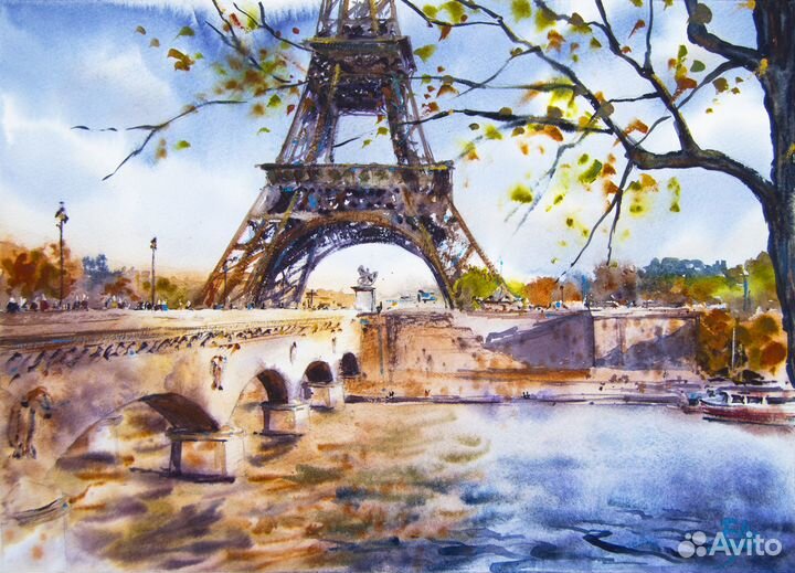 Картина акварелью Эйфелева башня 