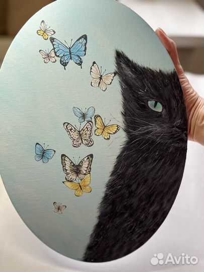 Картина маслом кот и бабочки