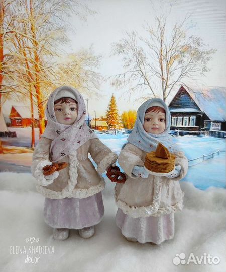 Коллекционная ватная игрушка - девочка с блинами