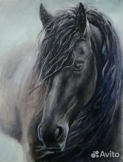 Картина маслом портрет чёрного коня