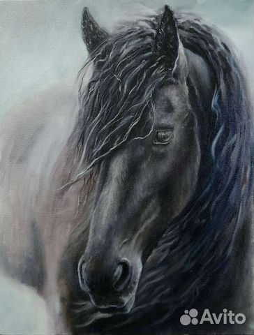 Картина маслом портрет чёрного коня