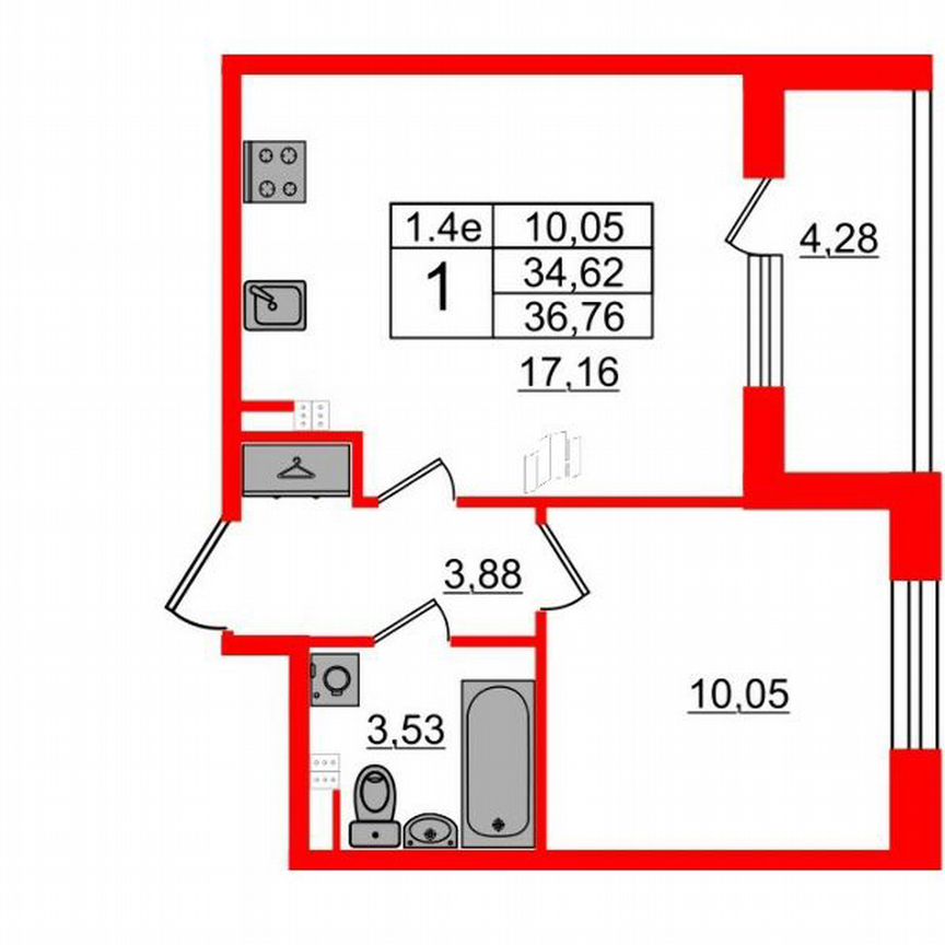 1-к. квартира, 34,6 м², 3/5 эт.