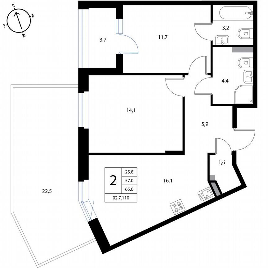 2-к. квартира, 65,6 м², 1/3 эт.