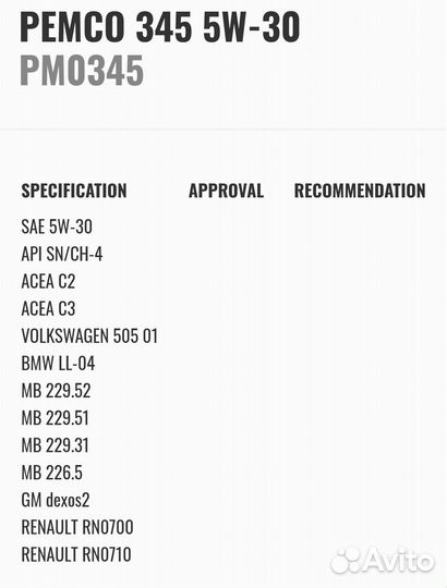 Моторное масло pemco 345 5W-30 SN/CH-4