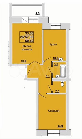 2-к. квартира, 60,4 м², 4/7 эт.