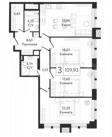 3-к. квартира, 109,9 м², 6/23 эт.