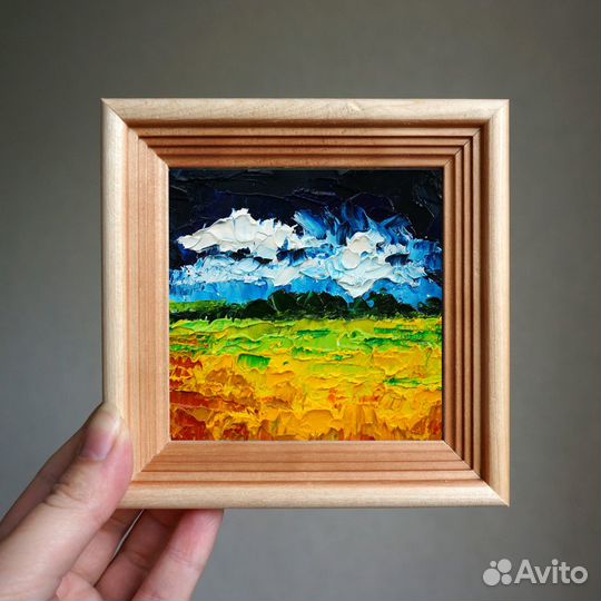 Картина маслом Рапсовое поле 10х10см. В наличии