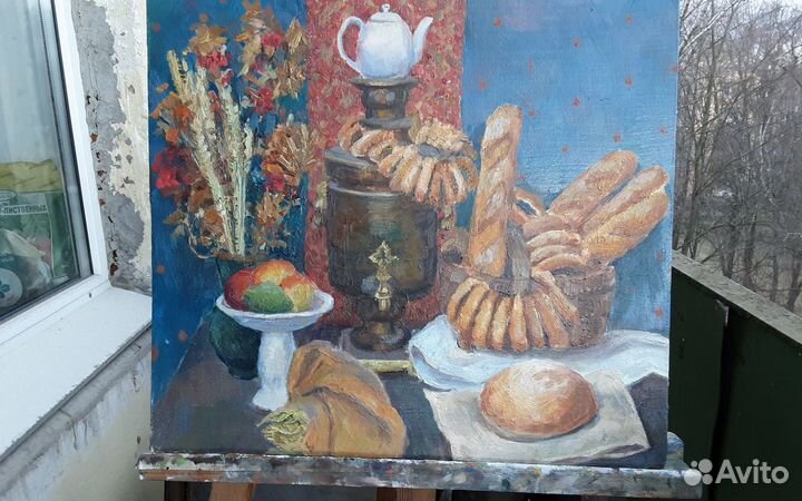 Картина масло деревенский натюрморт с самоваром