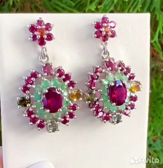 Серьги с натуральными самоцветами, серебряные