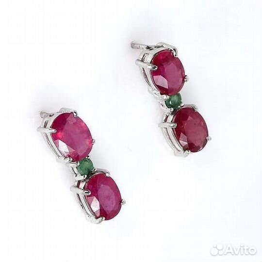 Серебряные серьги с рубином, изумрудом