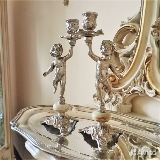 Антикварные подсвечники с Путти серебрение Италия