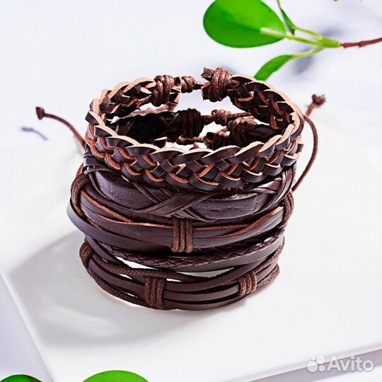 Кожаный, плетённый браслет, цвета разные