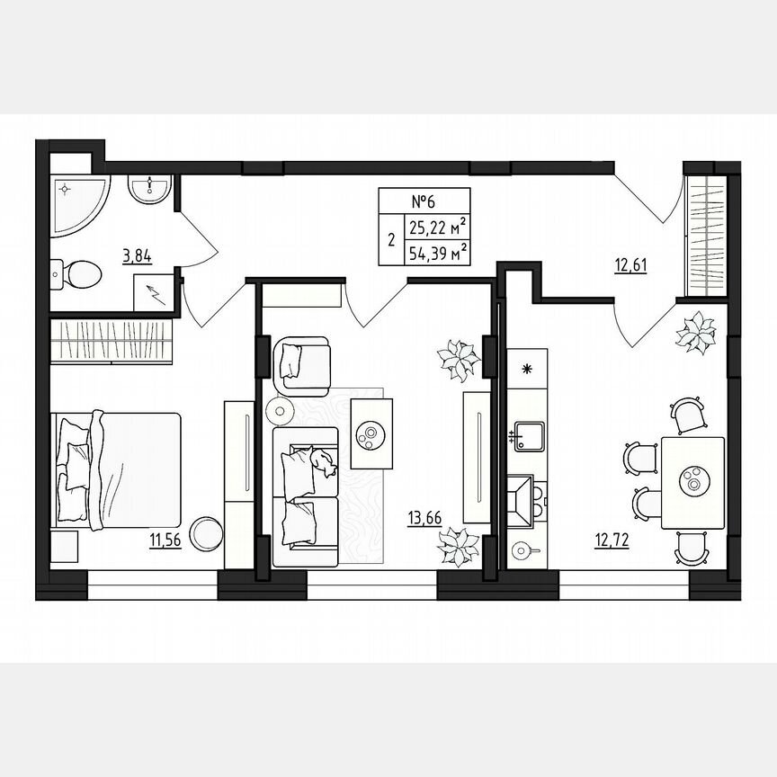 2-к. квартира, 54,4 м², 1/4 эт.