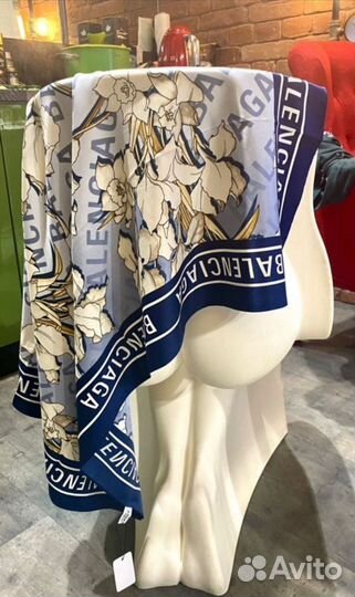 Платок шейный шарфик пашмина синий сад