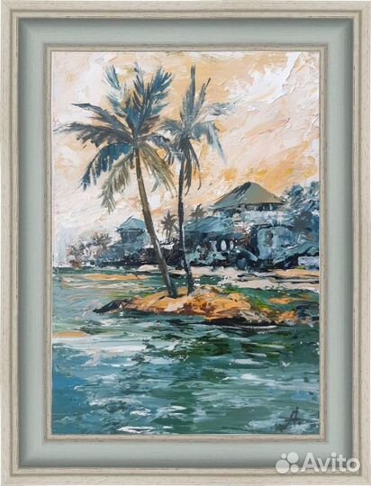 Картина миниатюра Пальмы и домики на берегу моря