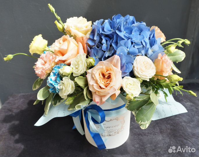 Цветы в коробке Гортензия Эустома Розы