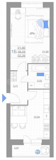 1-к. квартира, 52,3 м², 4/5 эт.