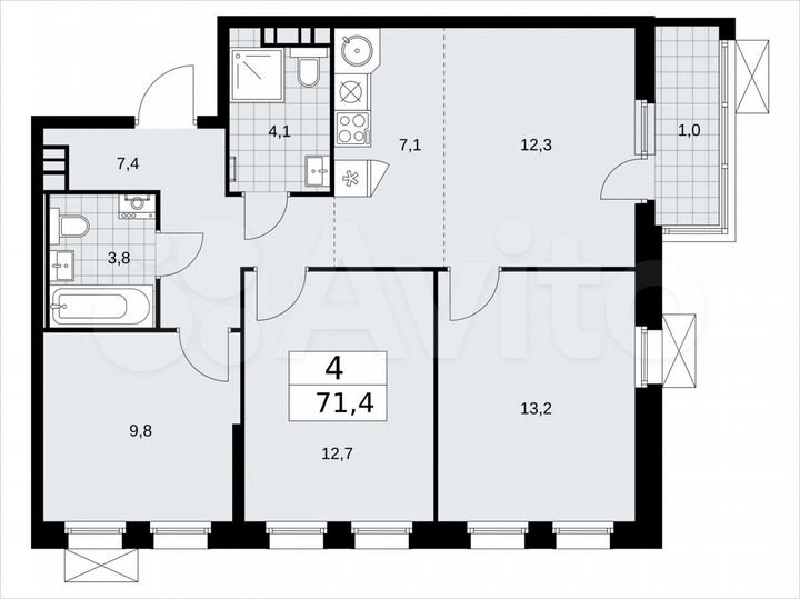 4-к. квартира, 71,4 м², 4/14 эт.