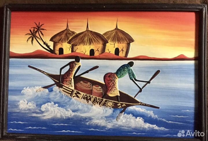 «Африка-девушки в лодке» масло по цельному дереву