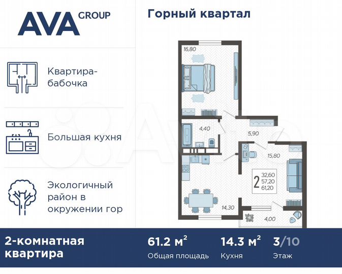 2-к. квартира, 61,2 м², 3/10 эт.