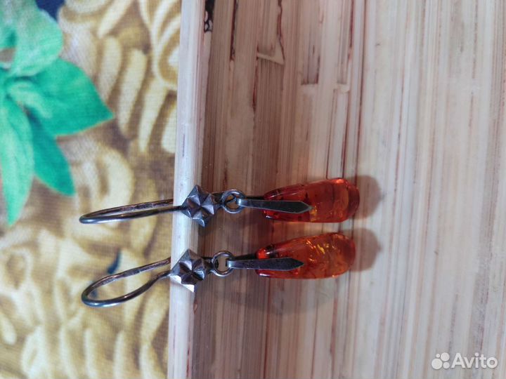 Серебряные серьги СССР с янтарем винтаж