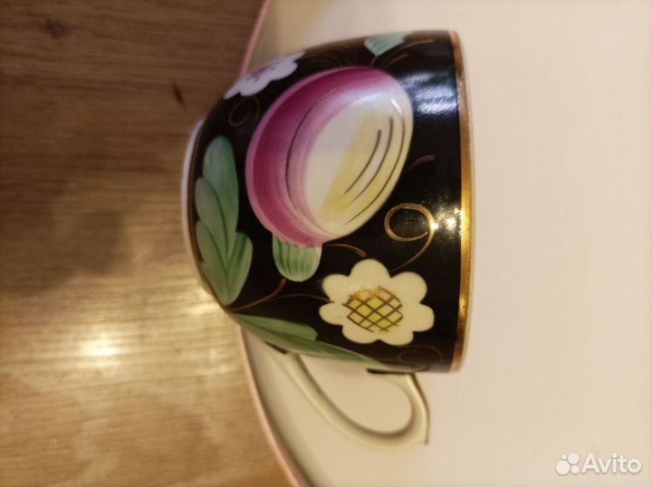 Чайник и чашки Вербилки Слива на чёрном