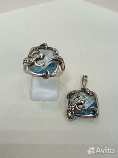 Серебряный комплект ящерица 925 камень топаз