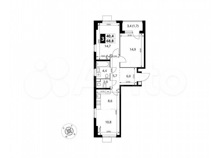 3-к. квартира, 68,8 м², 8/12 эт.