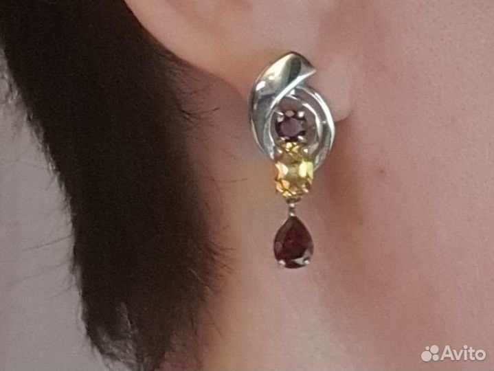 Серебряные серьги с цитрином и гранатом