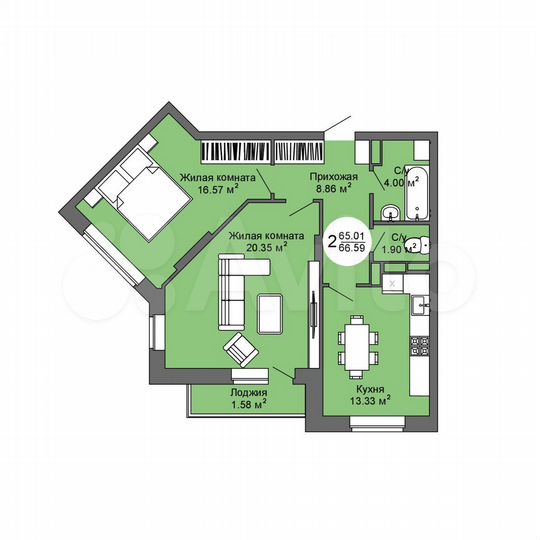 2-к. квартира, 66,6 м², 6/17 эт.