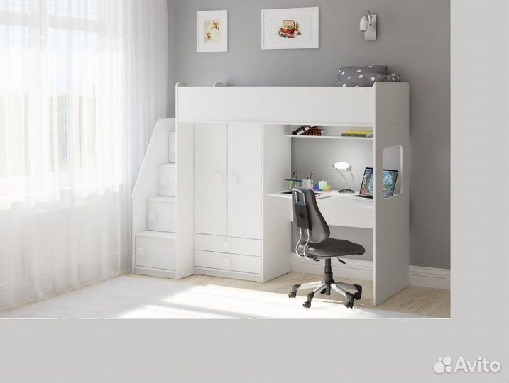 Кровать чердак в разных цветах со шкафом и ящиками