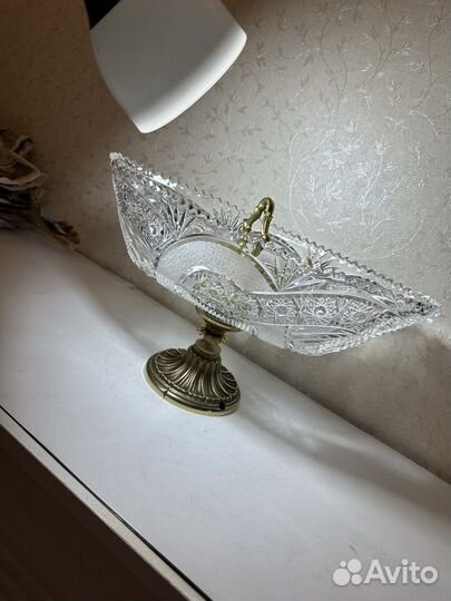 Ваза для фруктов ладья хрусталь бронза