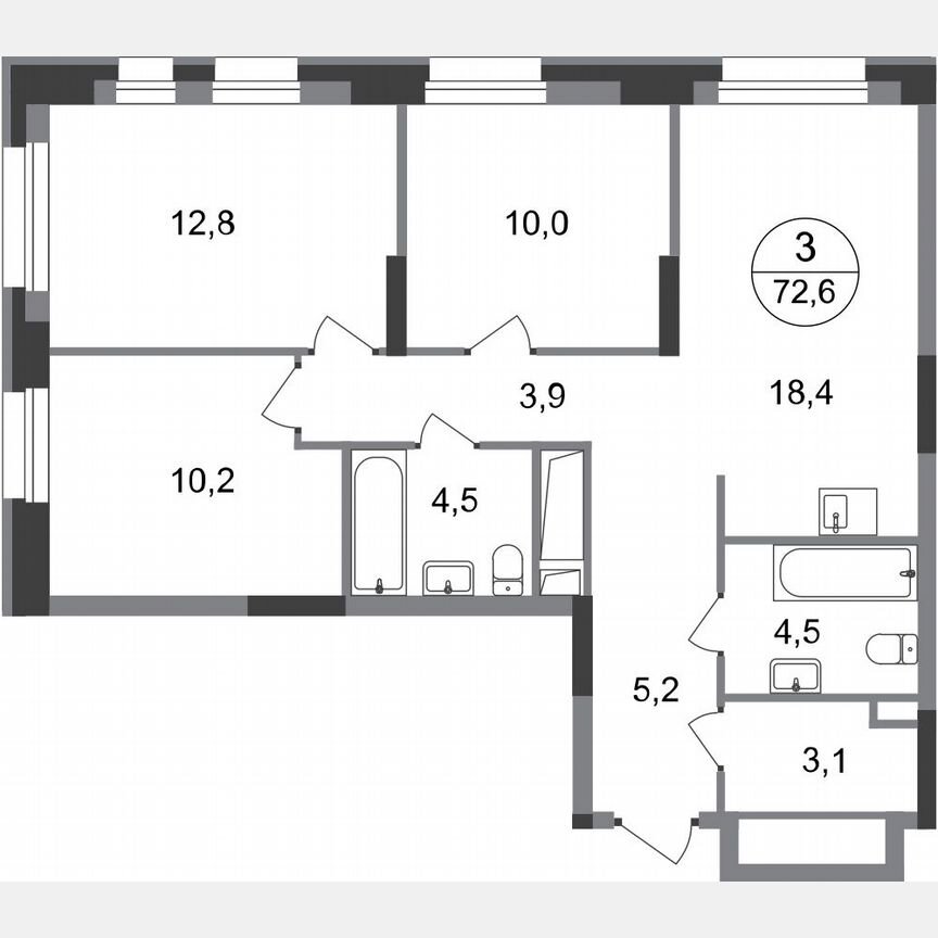 3-к. квартира, 72,6 м², 13/20 эт.