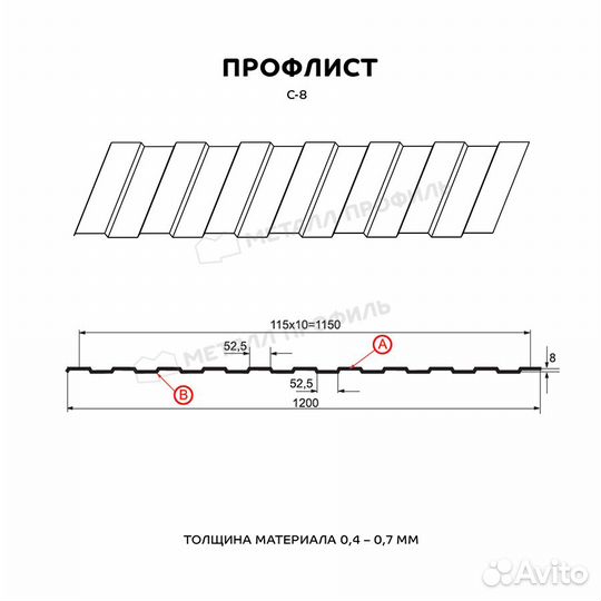 Профнастил (м2) С-8 А Полиэстер 0,45 мм, Цвет Ral 9003, Покрытие Полиэстер, Толщина металла 0,45 мм