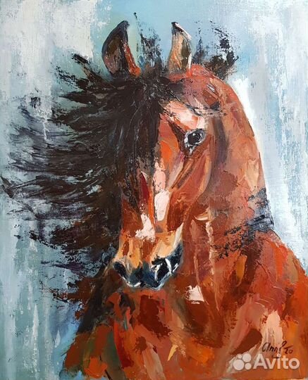 Конь, гнедая лошадь, картина маслом на холсте