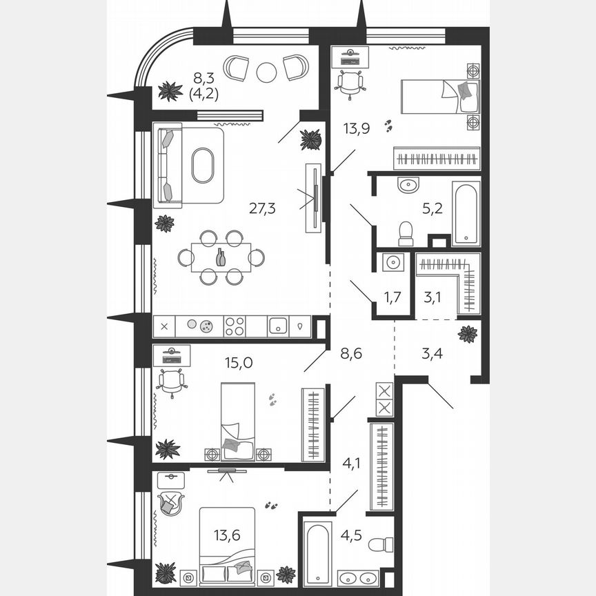3-к. квартира, 104,6 м², 2/9 эт.