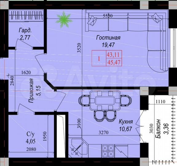 1-к. квартира, 45,5 м², 9/12 эт.