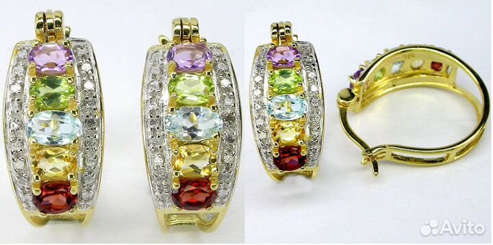 Серьги- кольца с аметистом, топазом, цитрином, гра