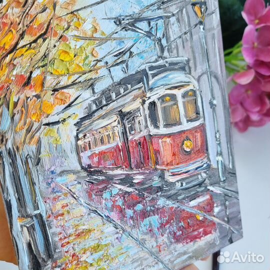 Трамвай картина маслом городской пейзаж живопись