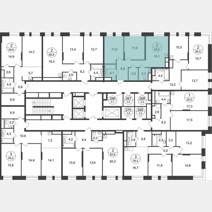 2-к. квартира, 58,8 м², 16/22 эт.