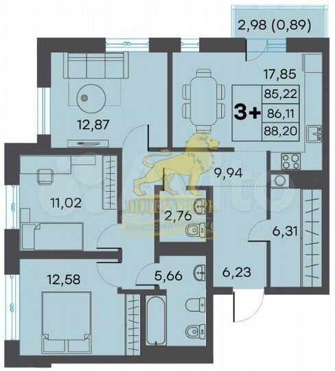 3-к. квартира, 88,2 м², 2/25 эт.