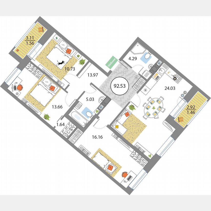 3-к. квартира, 92,5 м², 5/12 эт.