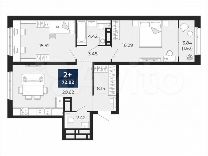 2-к. квартира, 72,8 м², 20/22 эт.