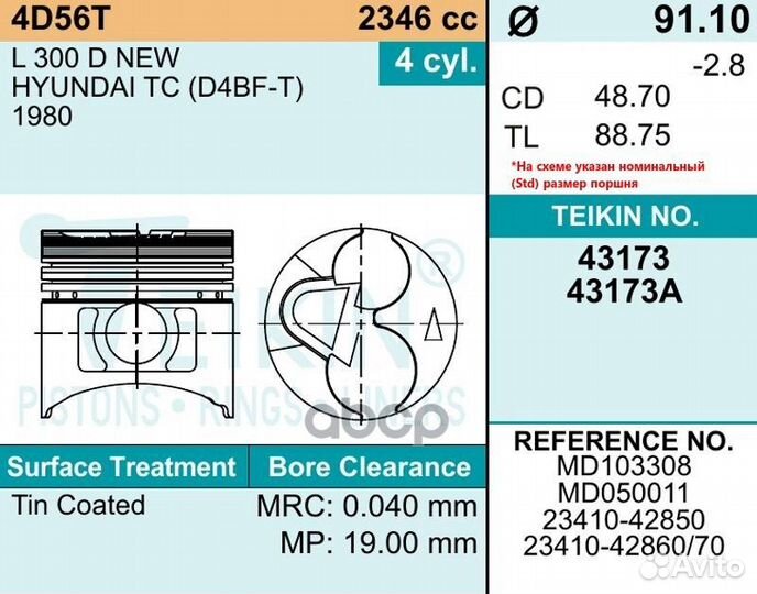 Поршень двигателя teikin 43173 0.50 (4шт/упак)