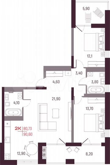 2-к. квартира, 80,7 м², 25/25 эт.