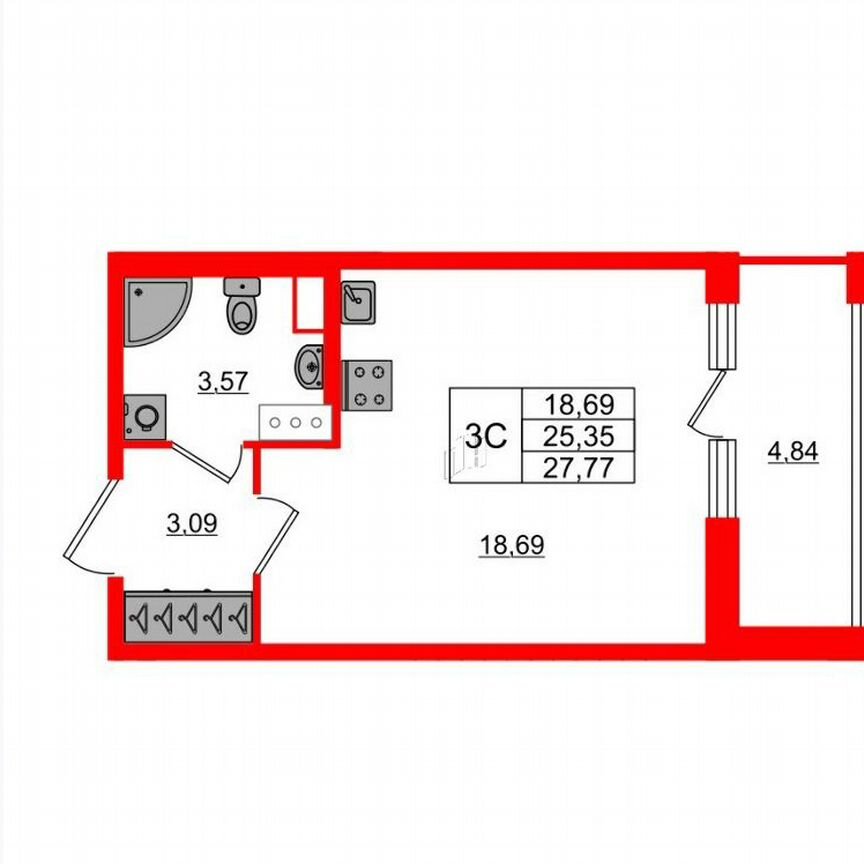 Квартира-студия, 25,4 м², 6/14 эт.