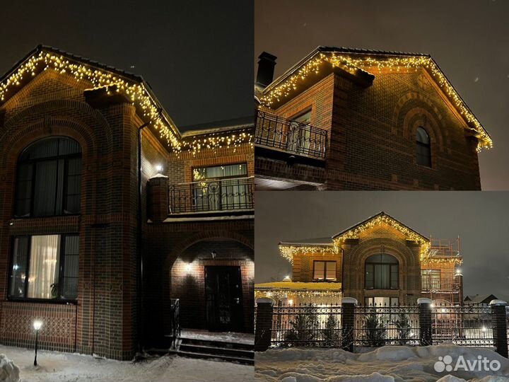 Украшение домов гирляндами, контурная подсветка