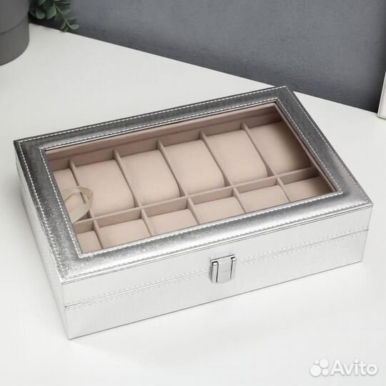 Шкатулка кожзам под часы 12 отделений 'Космос. Сер