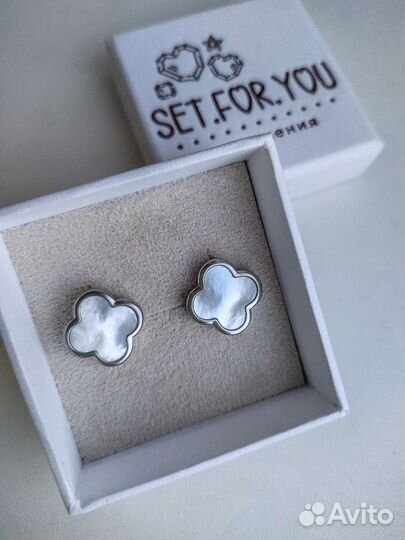Серьги клевер с перламутром, ювелирная бижутерия