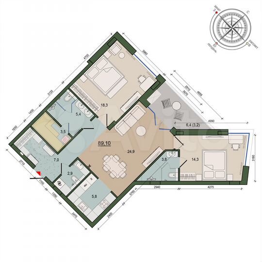 2-к. квартира, 89,1 м², 9/14 эт.